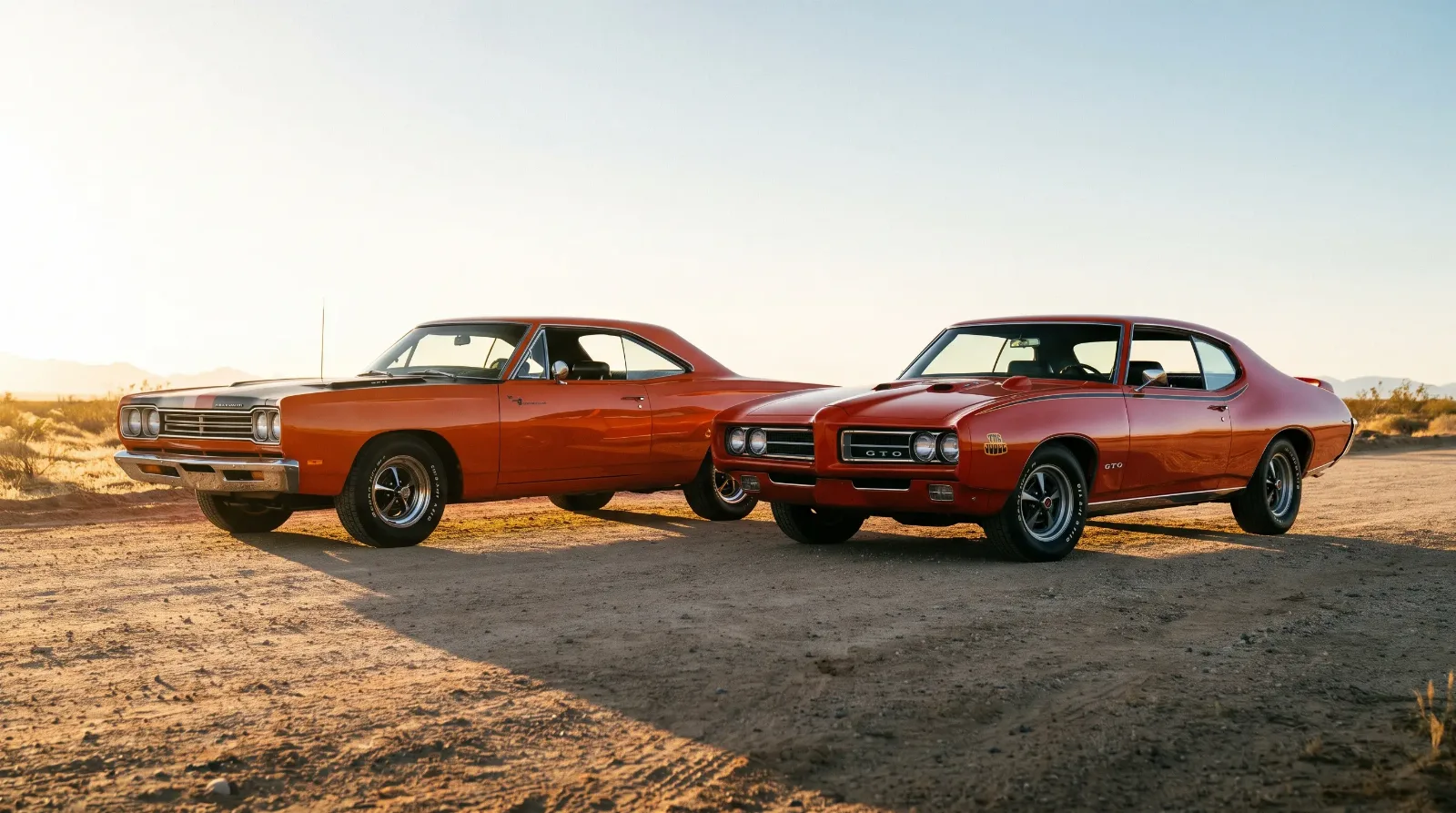 1969 Plymouth Road Runner and 1969 Pontiac GTO parked side by side