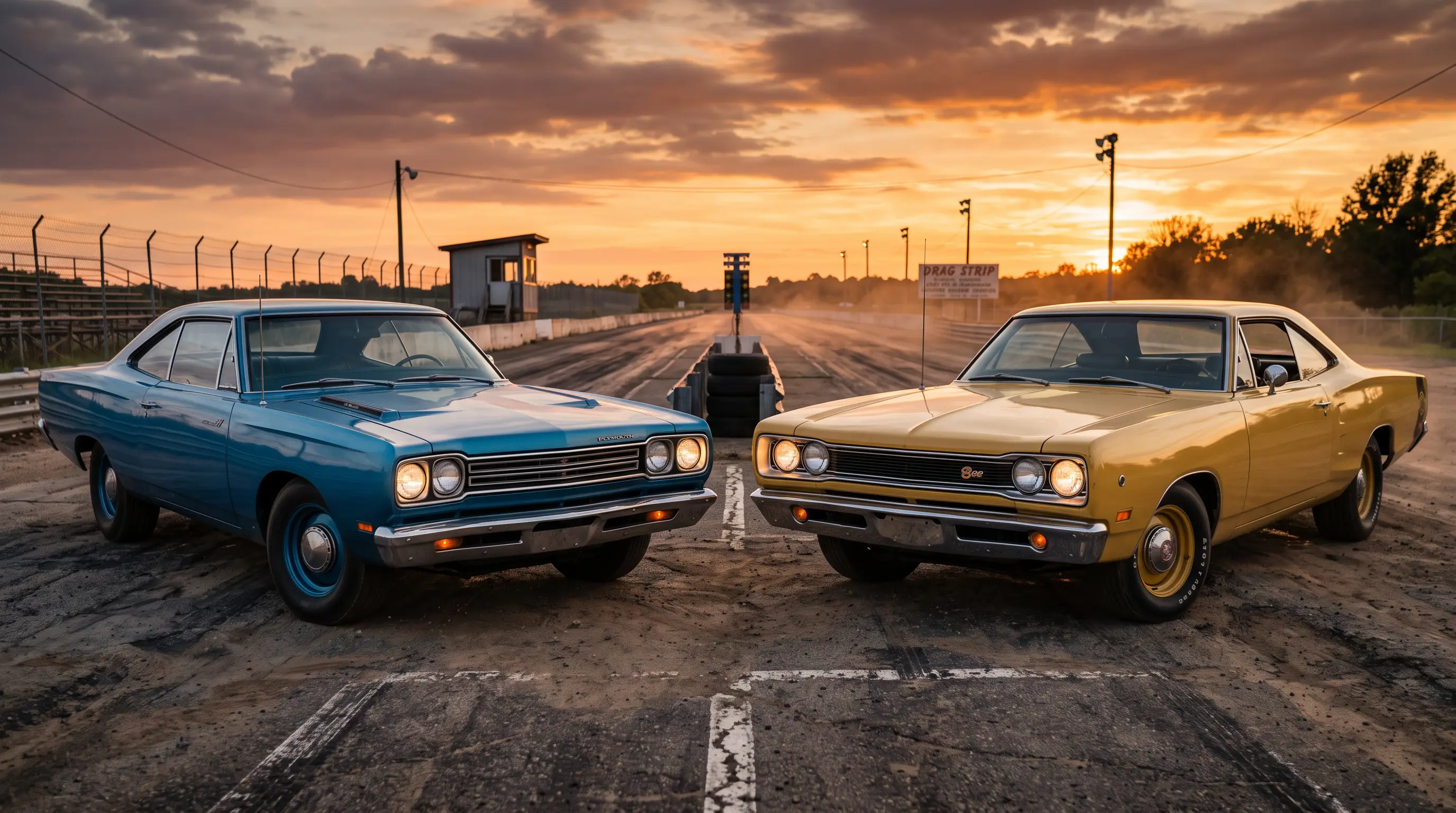 Blue Plymouth Road Runner and yellow Dodge Super Bee nose to nose at a drag strip