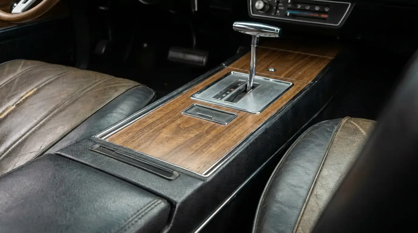1969 Dodge Charger center console with wood-grain shift surround