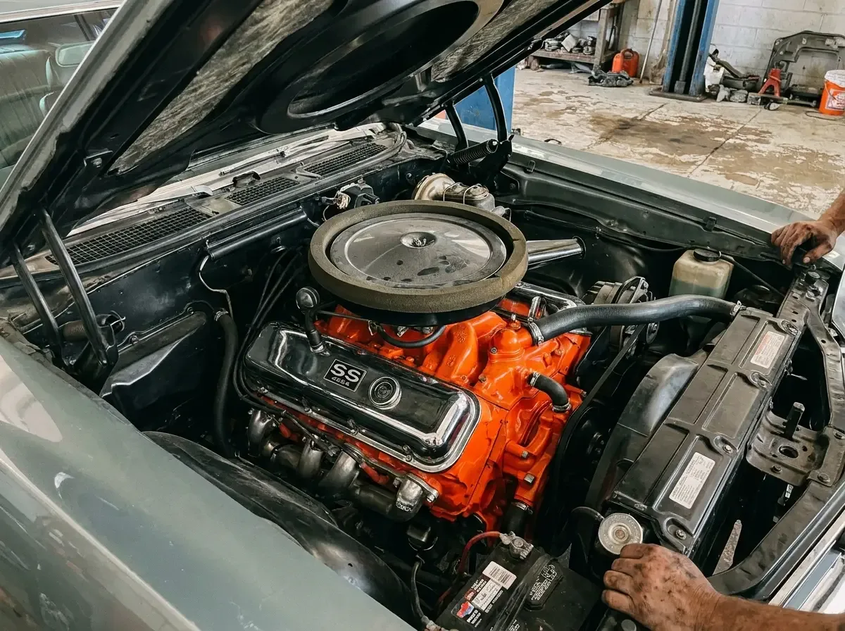 1970 Chevrolet Chevelle SS454 LS6 engine bay — cowl induction big-block detail