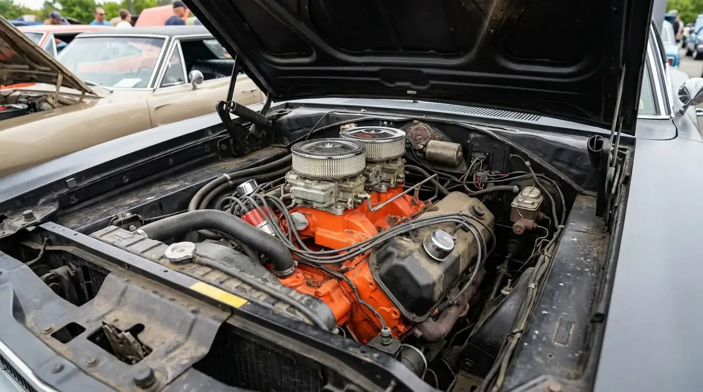 1968 Dodge Charger 426 Hemi engine bay with dual chrome air cleaners