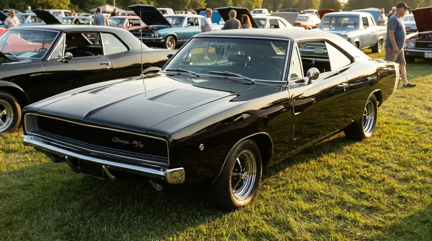 1968 Dodge Charger R/T black show car, hidden headlights closed