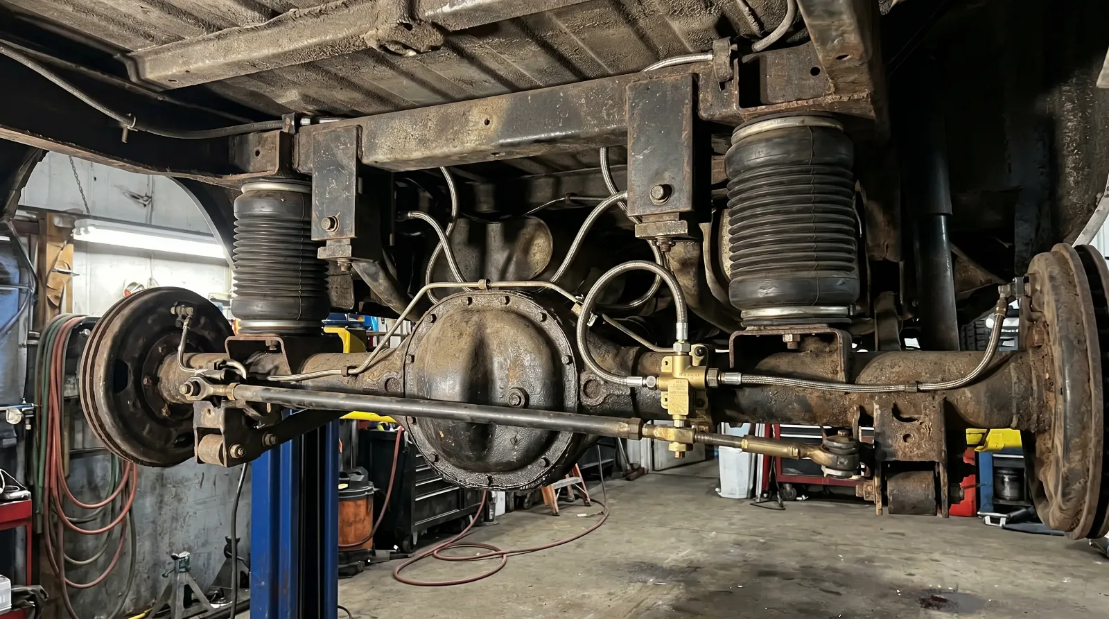 Vintage air suspension and load-leveling components under the chassis