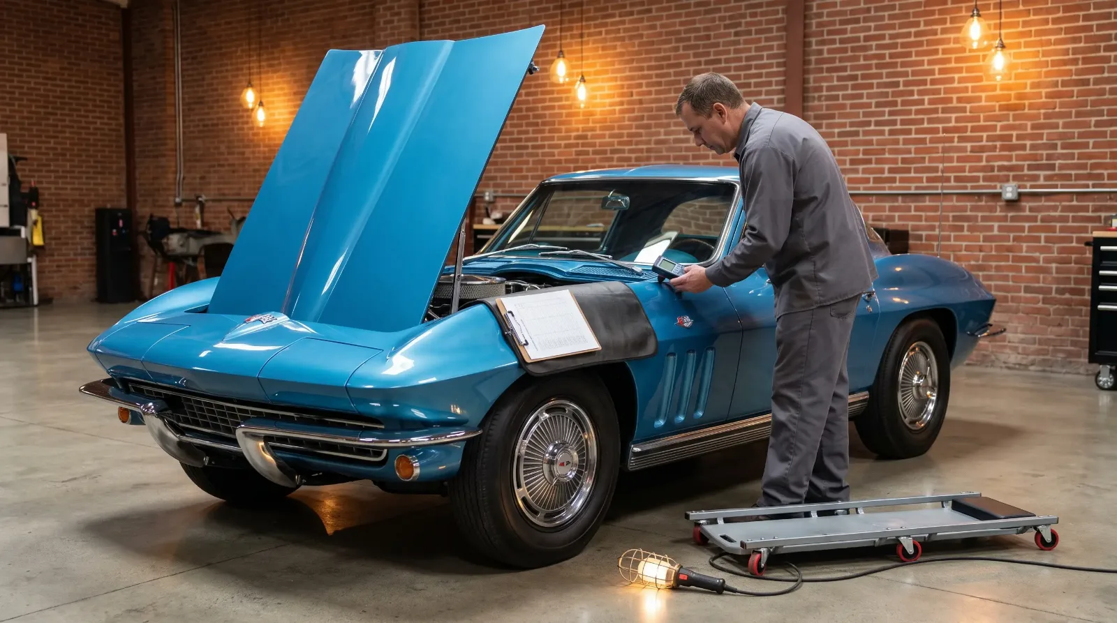 Inspector checking paint depth on a blue 1966 Corvette Sting Ray before sale