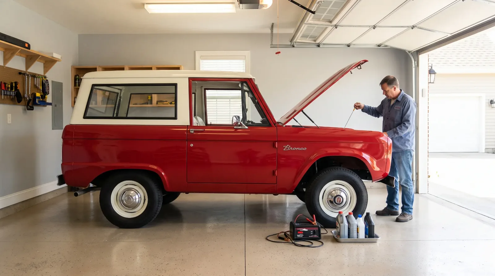 Owner checking the oil on a red 1966 Ford Bronco in a home garage before auction