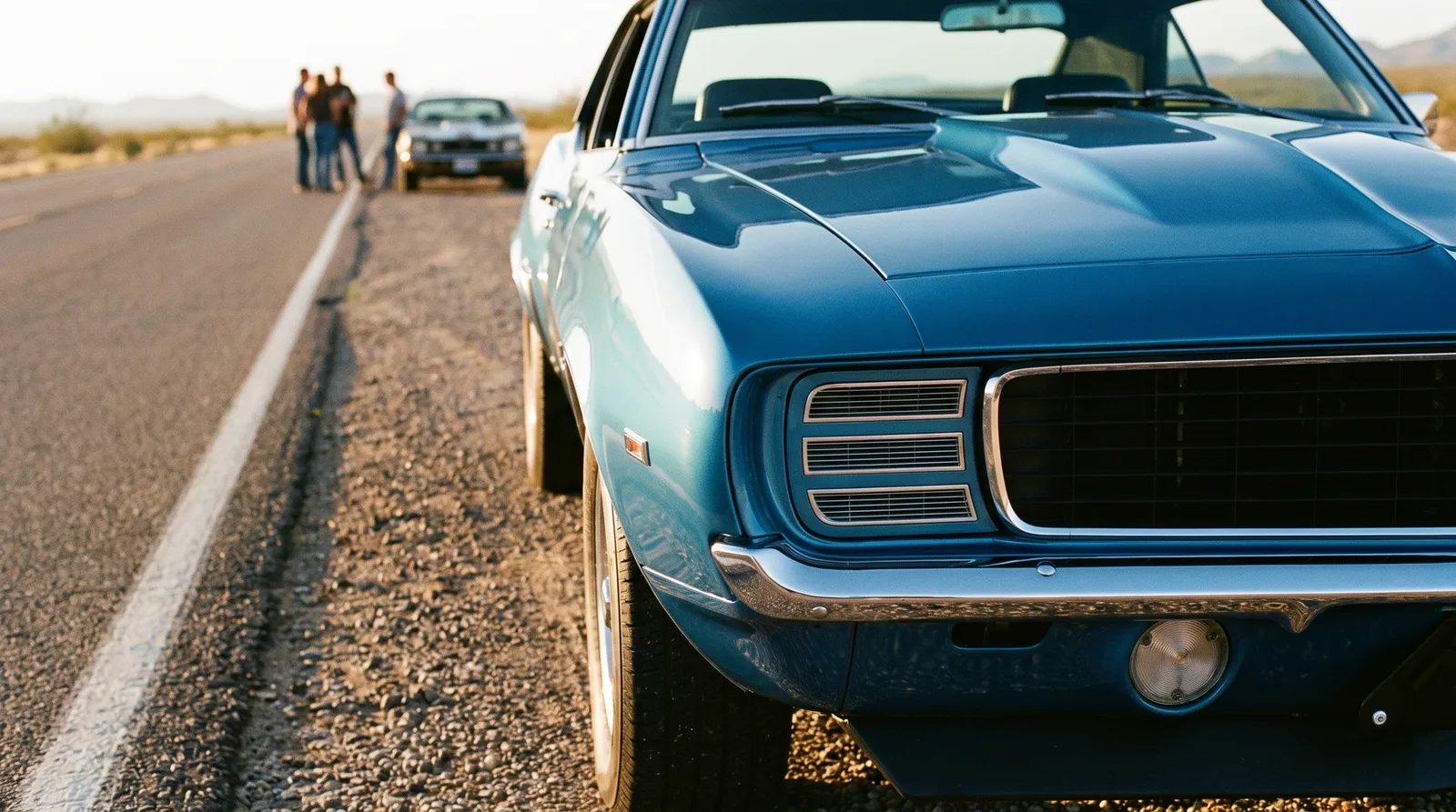 1969 Chevrolet Camaro, front corner on a desert highway shoulder