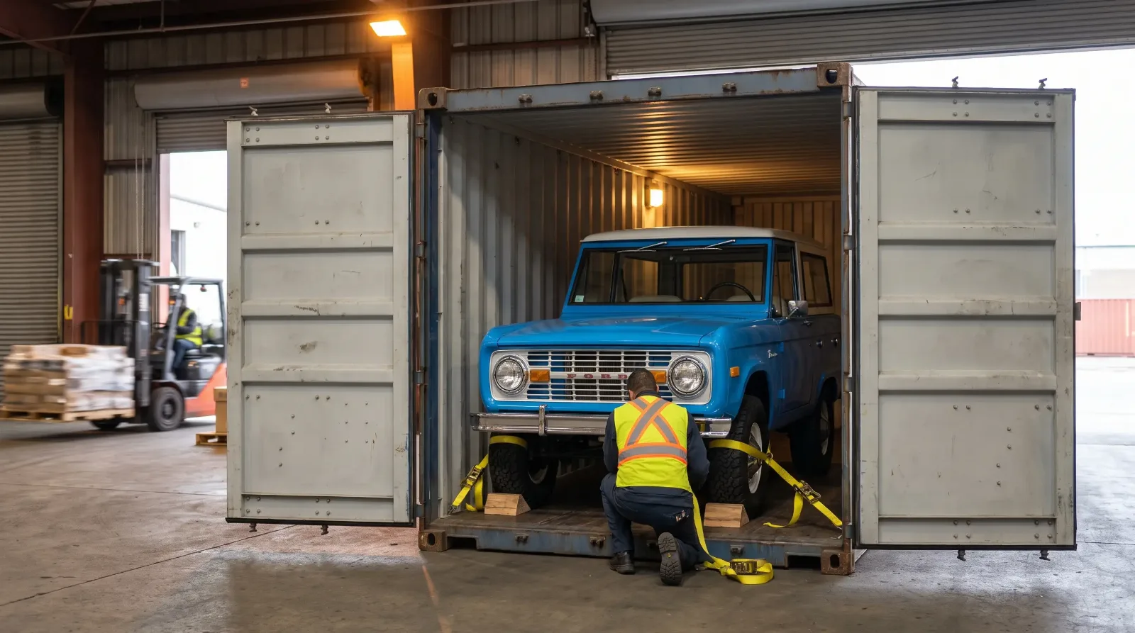 Blue 1970 Ford Bronco strapped down inside a shipping container at a port warehouse