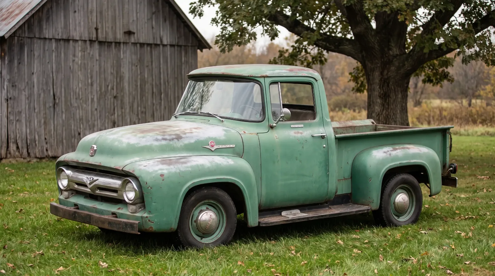 Patina 1956 Ford F-100 Flareside with faded green paint parked beside a barn