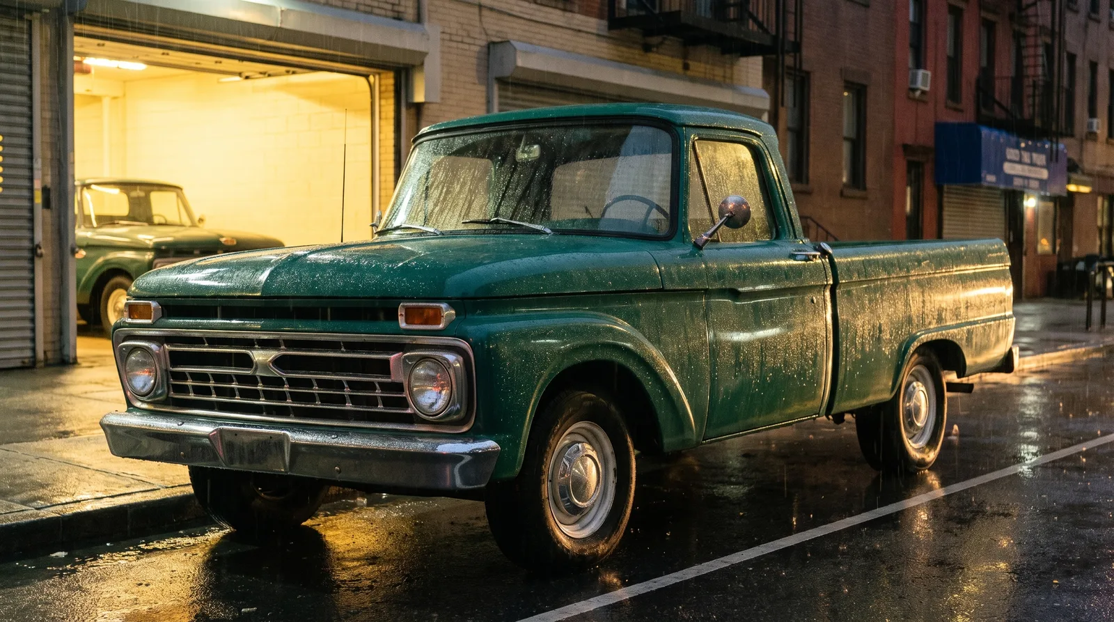1966 Ford F-100 â€” rain-soaked curb outside a dealer's garage