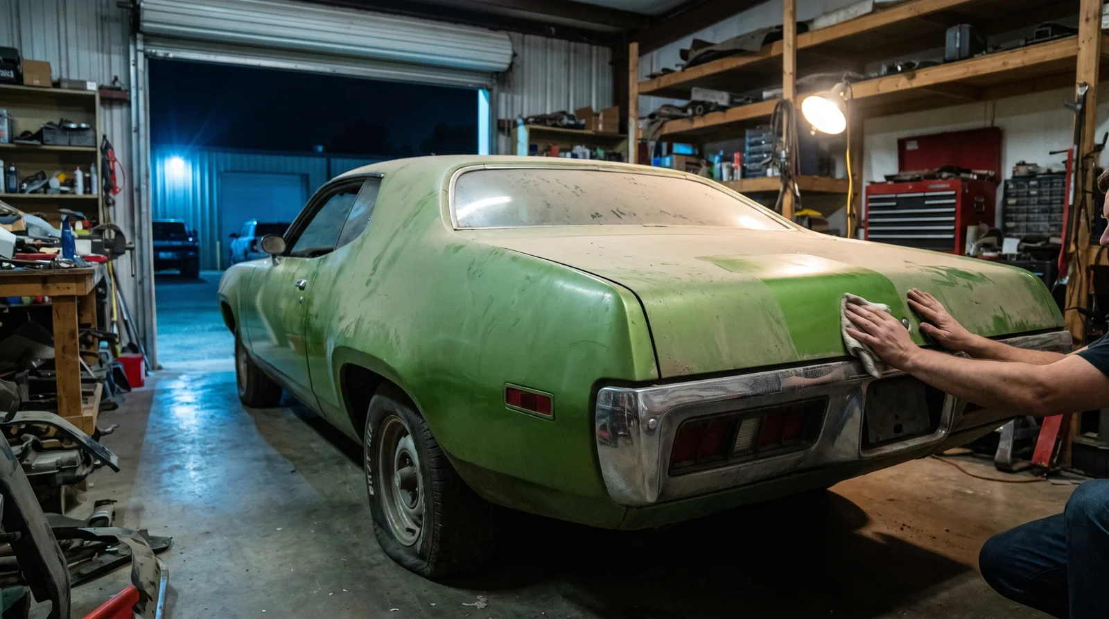 1971 Plymouth Road Runner, dusty non-runner in a night workshop