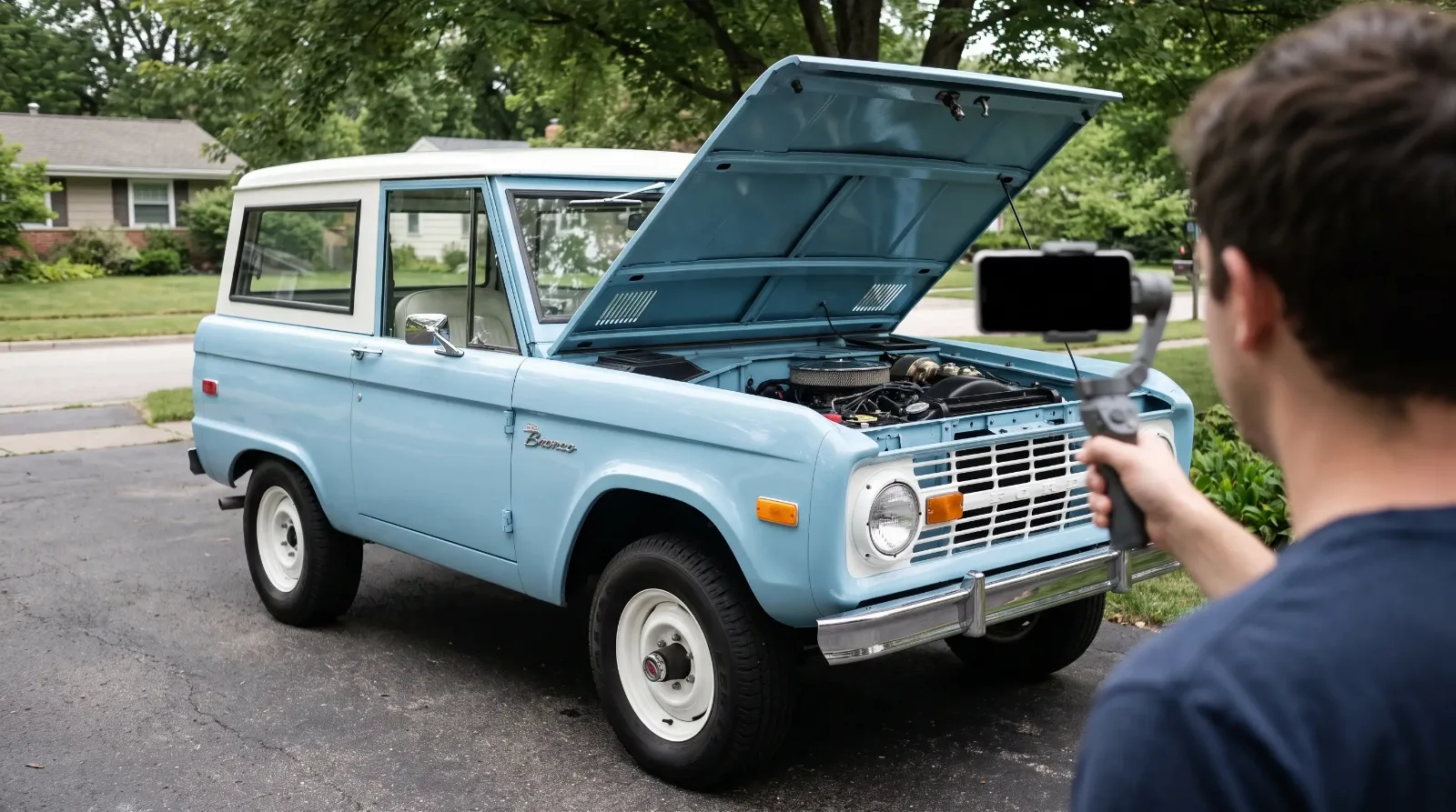 Seller filming a video walk-around of a light blue 1974 Ford Bronco