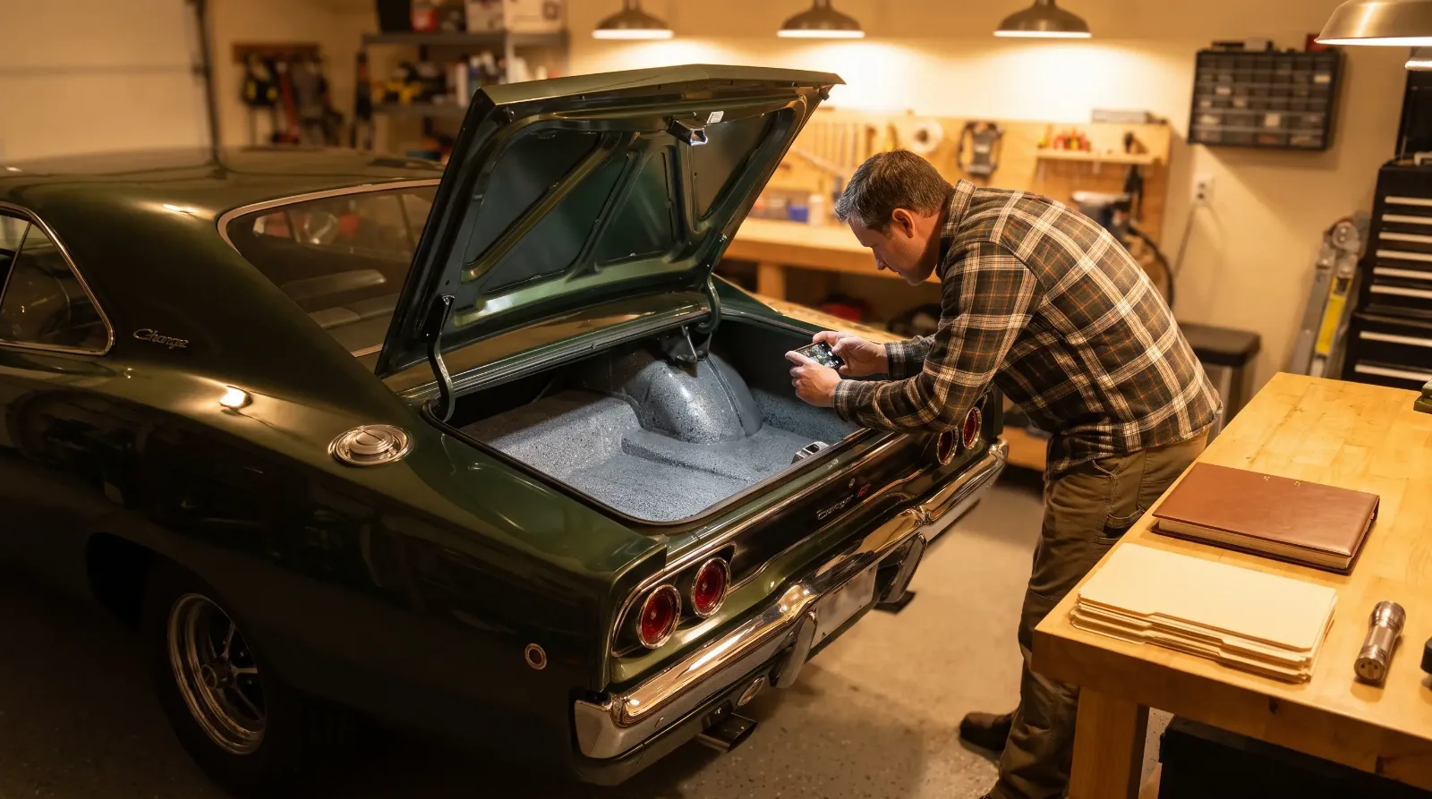 Owner photographing the spatter-painted trunk floor of a green 1968 Dodge Charger in his garage