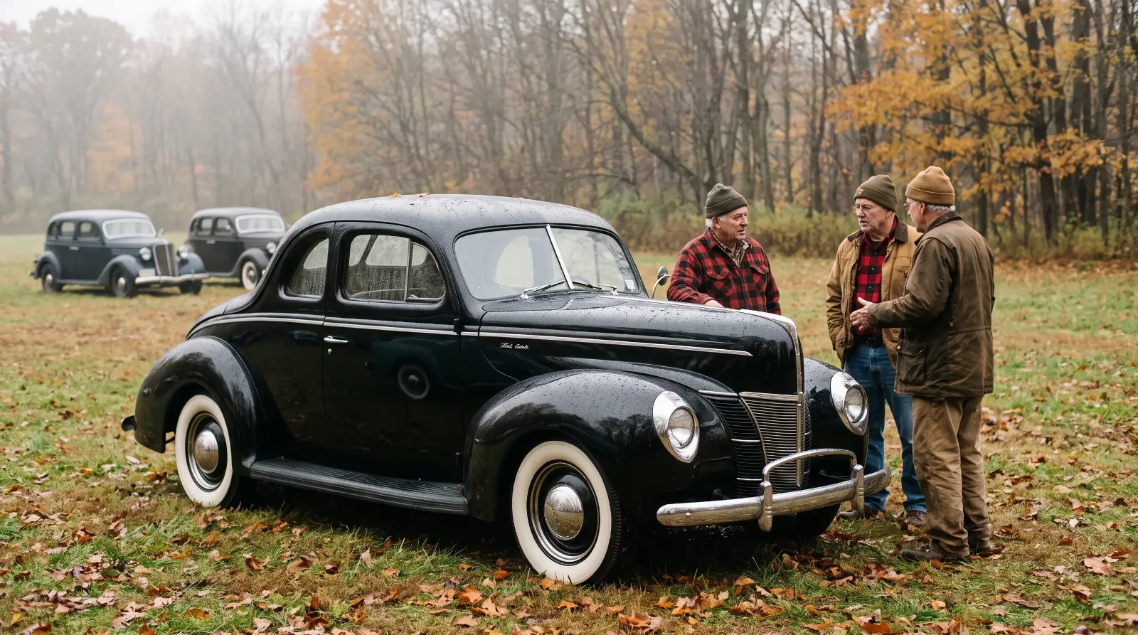 Club members chatting beside a black 1940 Ford Deluxe coupe at an autumn meet