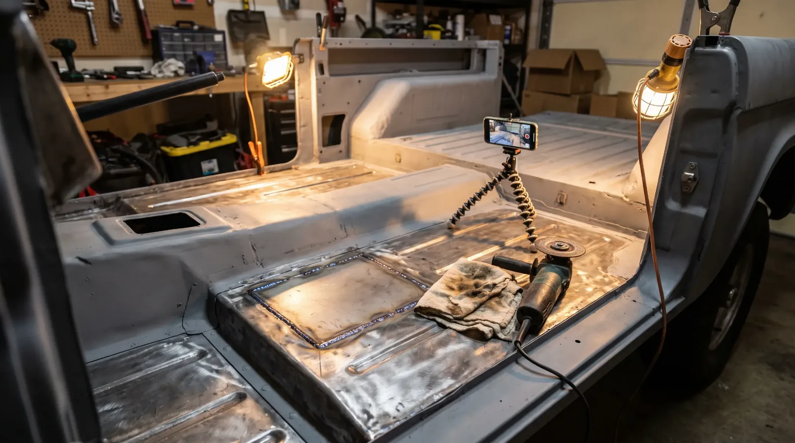 Freshly welded floor patch in a primered Bronco tub, filmed on a phone tripod