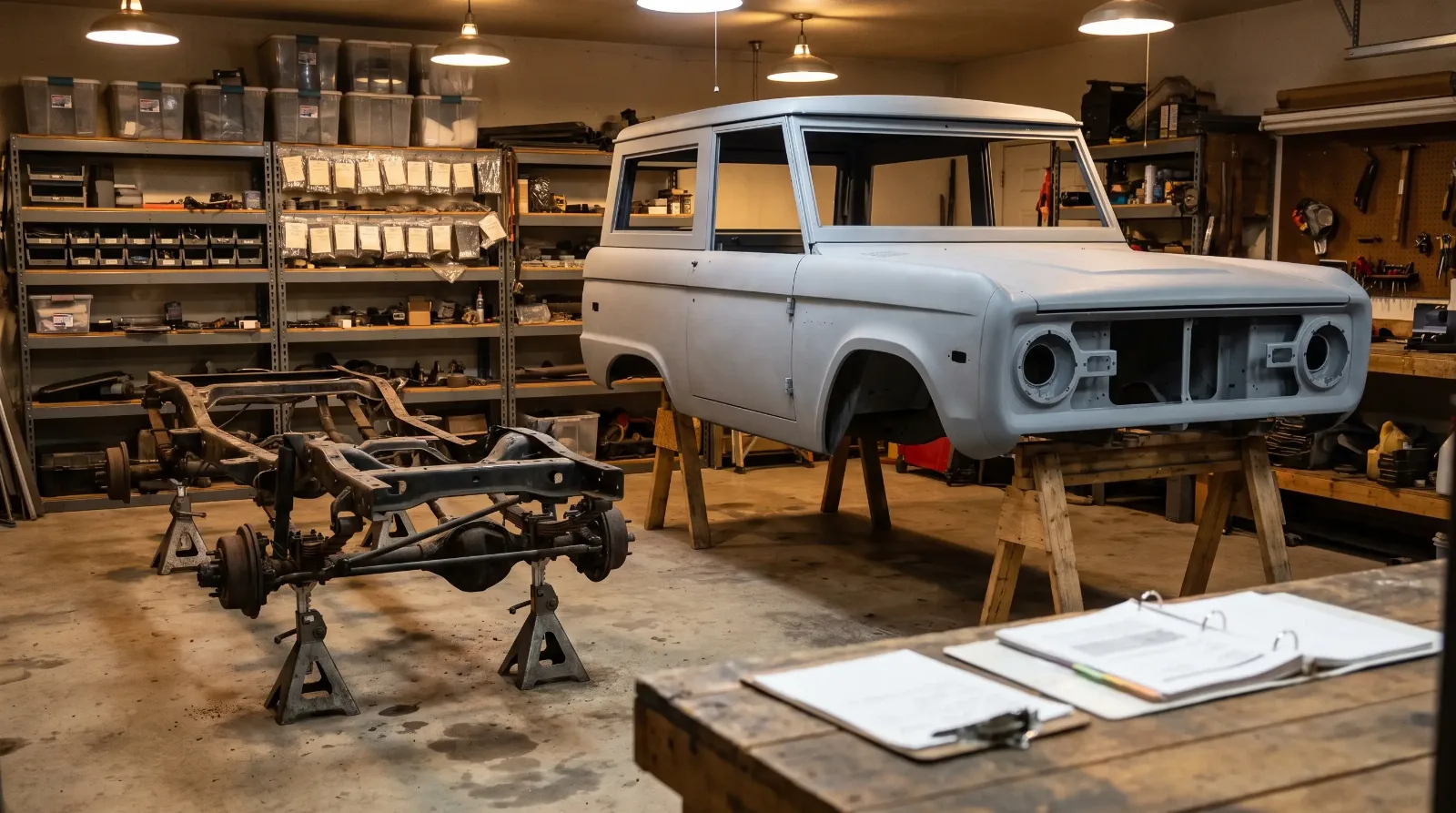 Gray-primered 1968 Ford Bronco body on stands beside its bare frame and labeled parts
