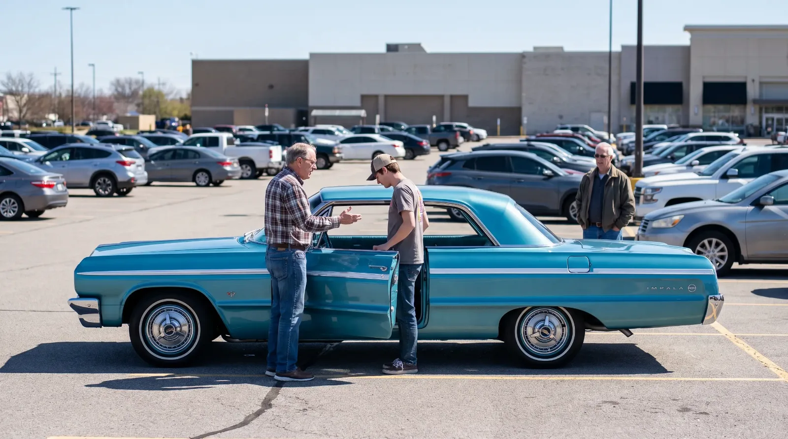 Seller showing a buyer a 1964 Chevrolet Impala in a busy daytime parking lot