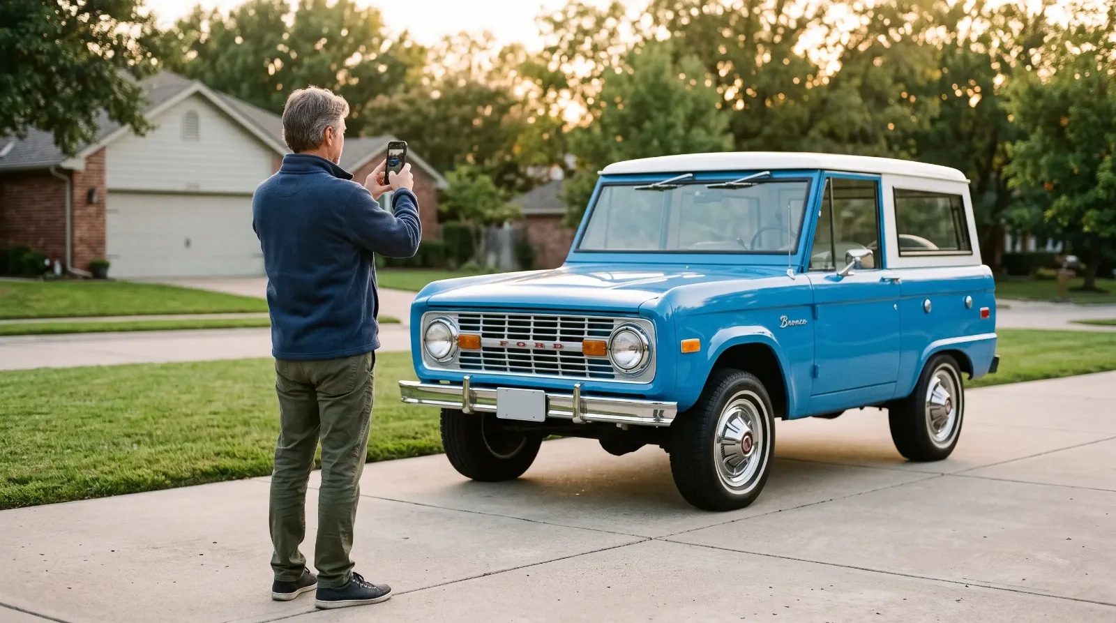 Owner photographing a blue 1972 Ford Bronco with his phone in a driveway