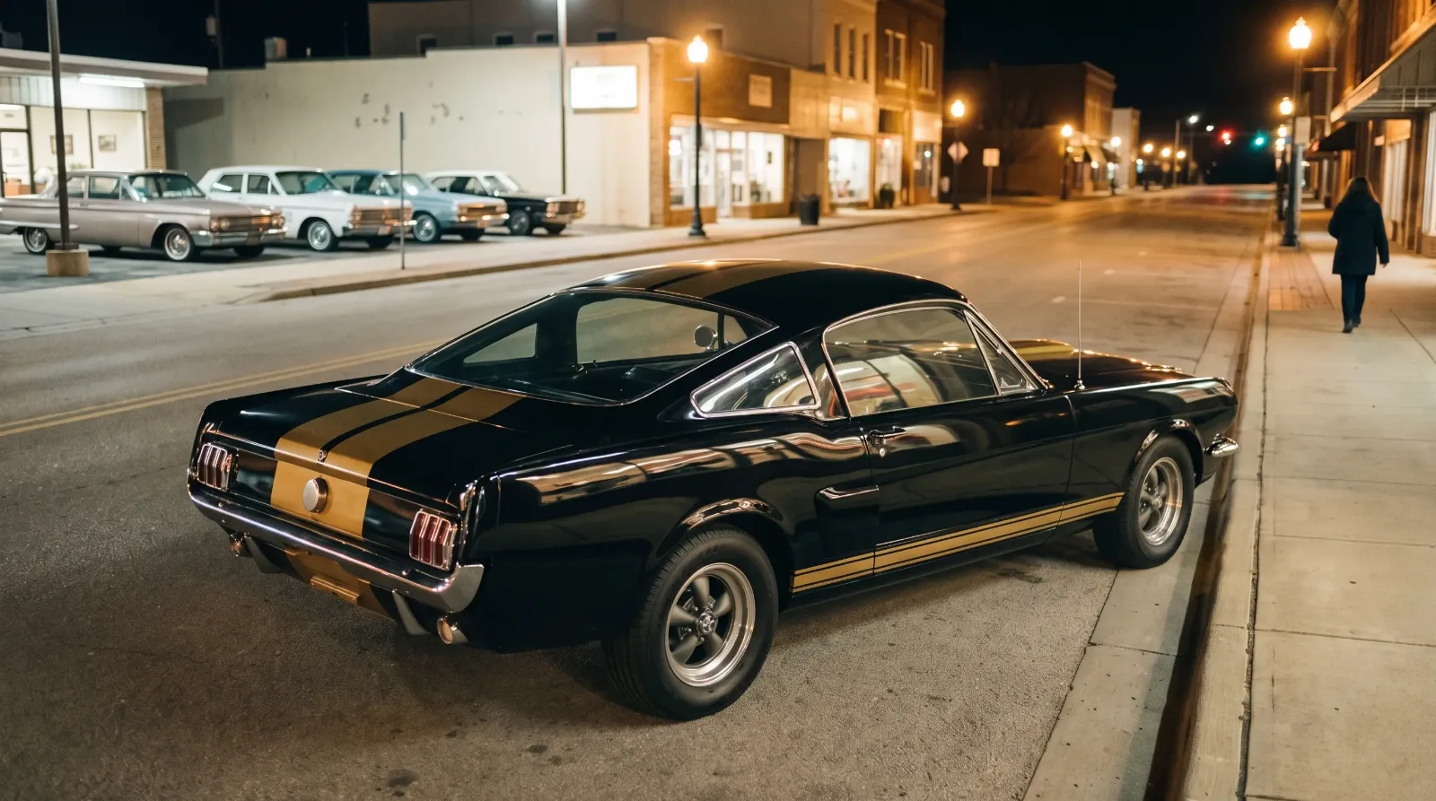 1966 Shelby GT350H, parked on main street at night
