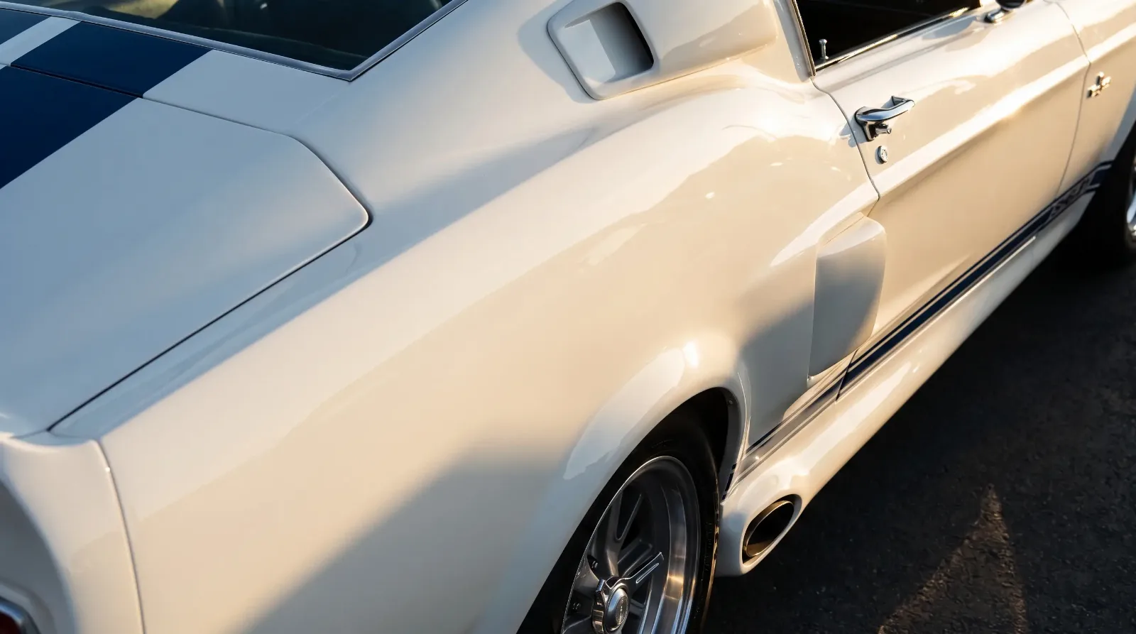Classic Shelby Mustang rear quarter with racing stripe