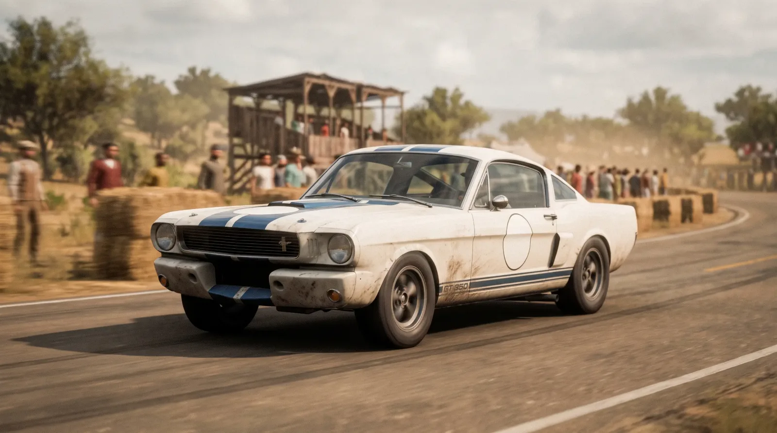 Vintage Shelby GT350 competition Mustang on a road course