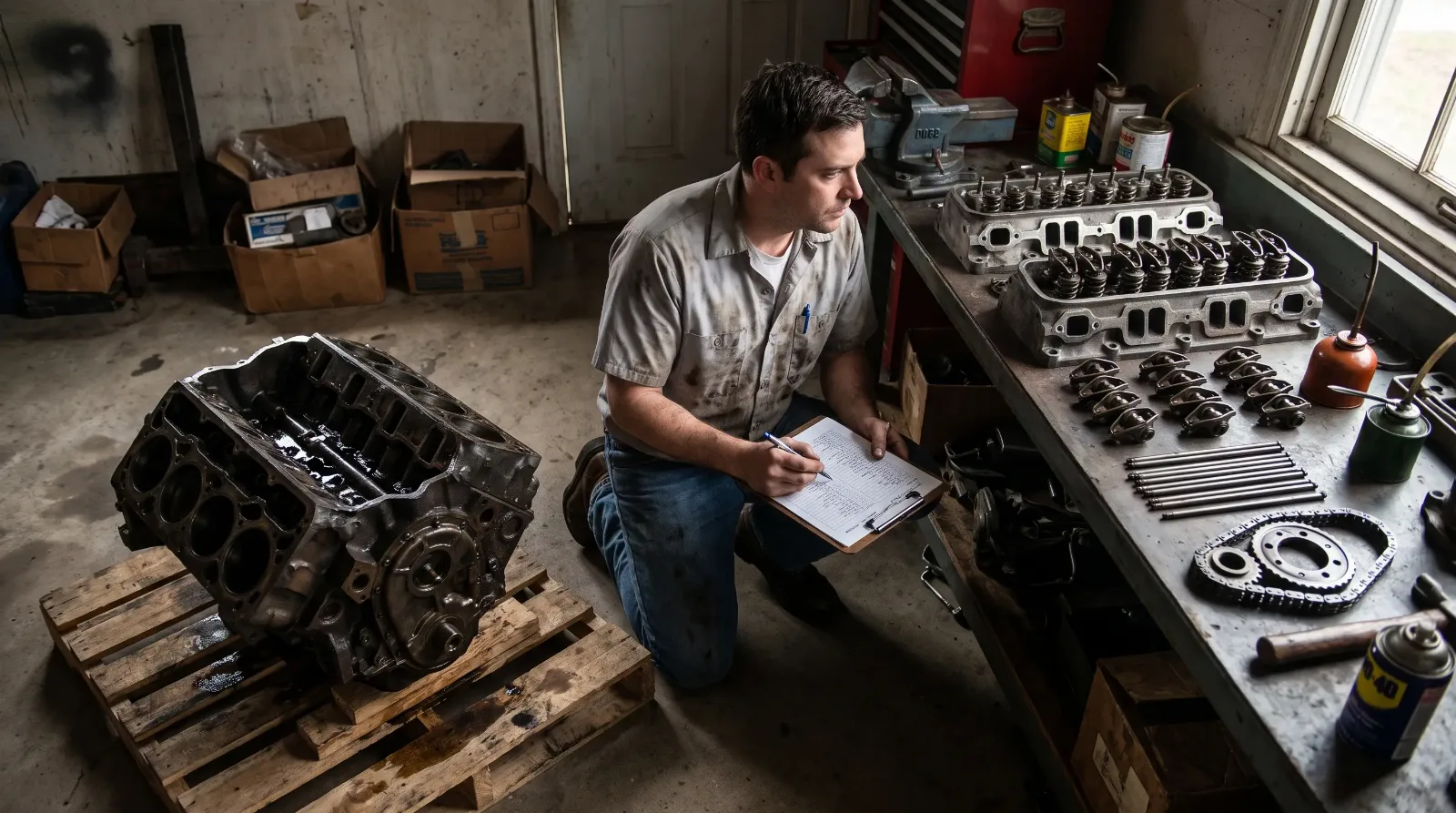 Mechanic comparing small-block V8 long block parts, heads, pushrods and timing set against a parts list