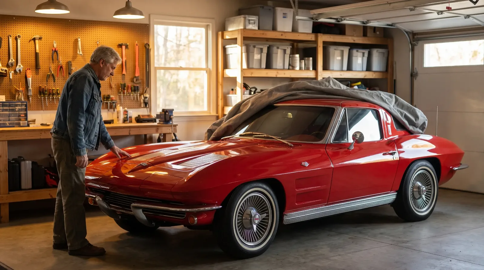 Owner resting a hand on a red 1963 Corvette Sting Ray in his garage