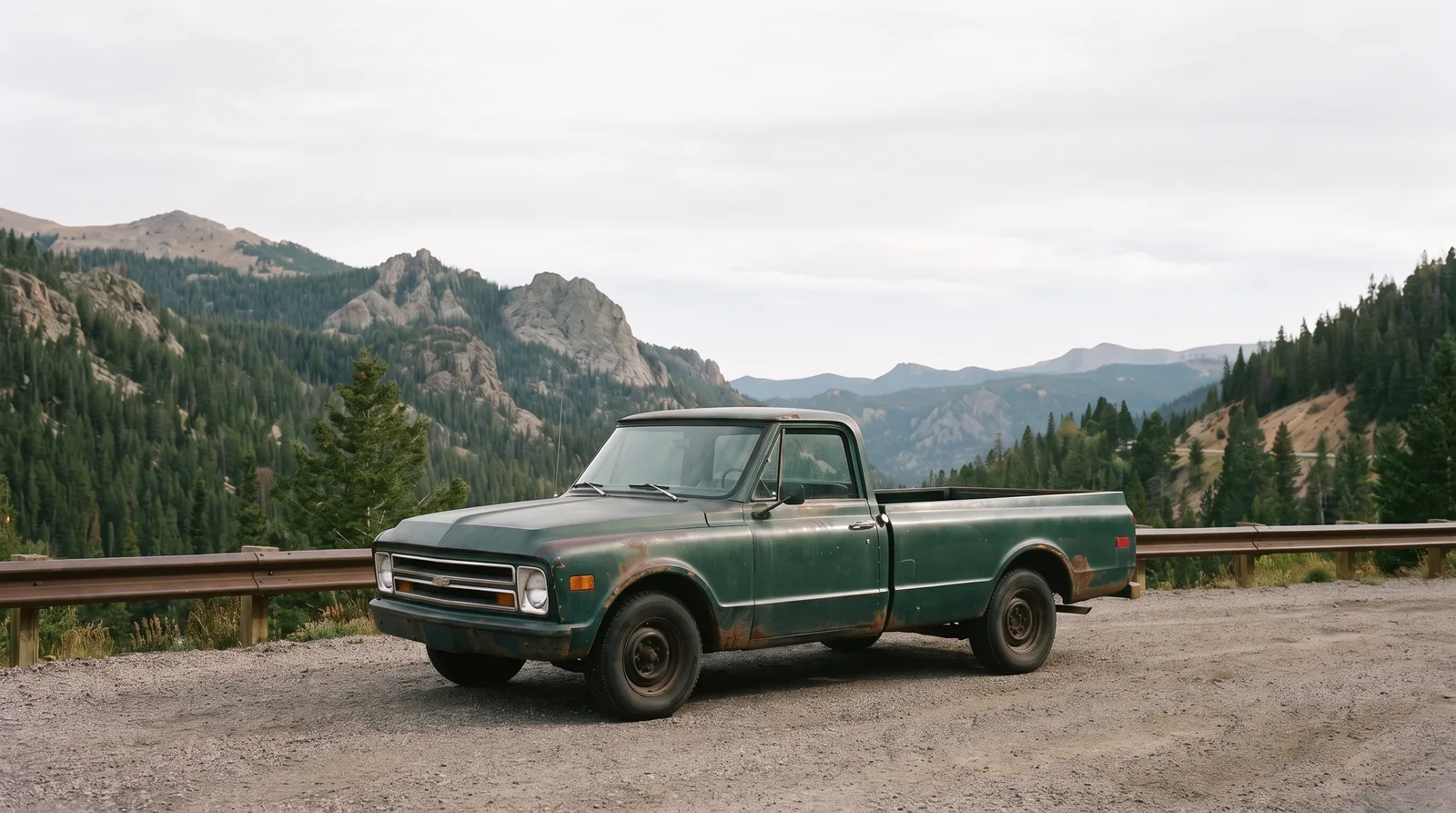 1968 Chevrolet C10 pickup with rusty rockers, mountain pass pull-out