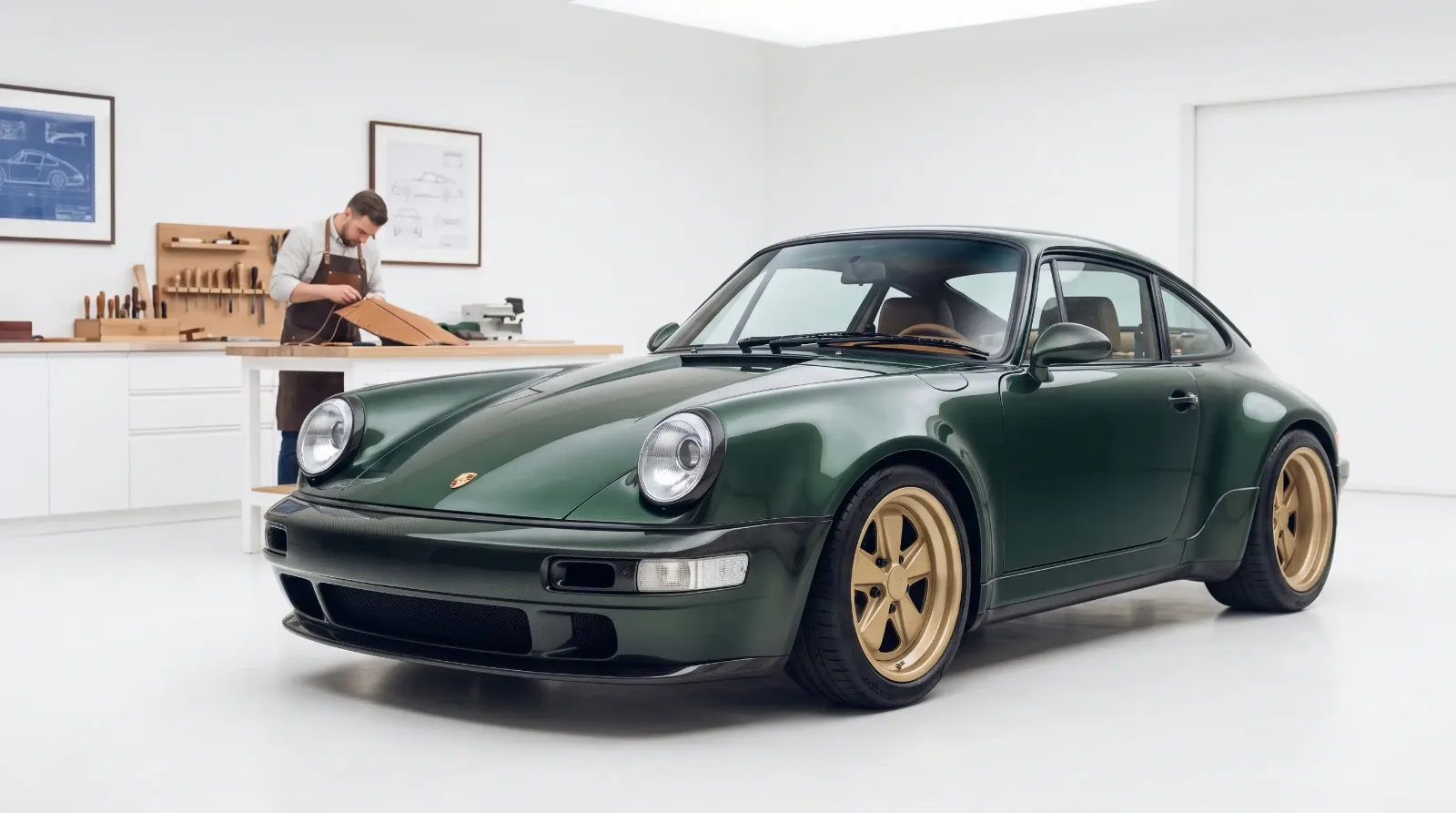 Reimagined air-cooled Porsche 911 with carbon fiber body panels in a bespoke Singer-style workshop