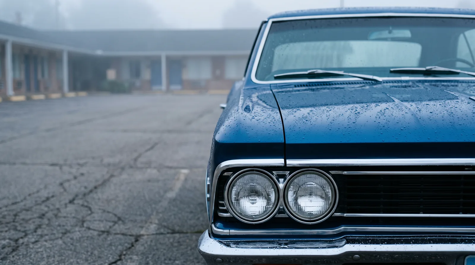 1966 Chevrolet Chevelle, restored front end in a misty motel lot