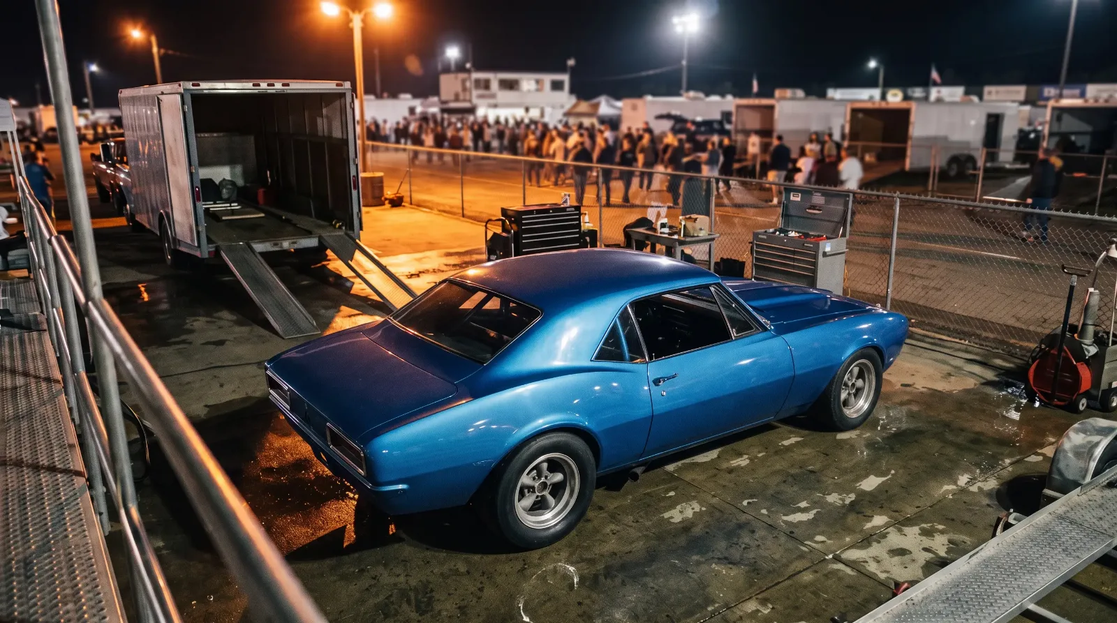1967 Chevrolet Camaro Trans-Am racer, night paddock under floodlights