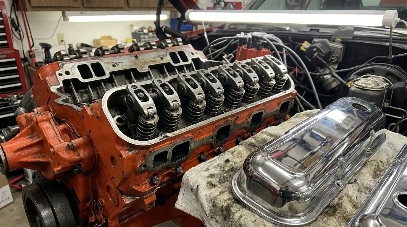 1970 Chevelle LS6 454 — rectangular-port head, valve cover off