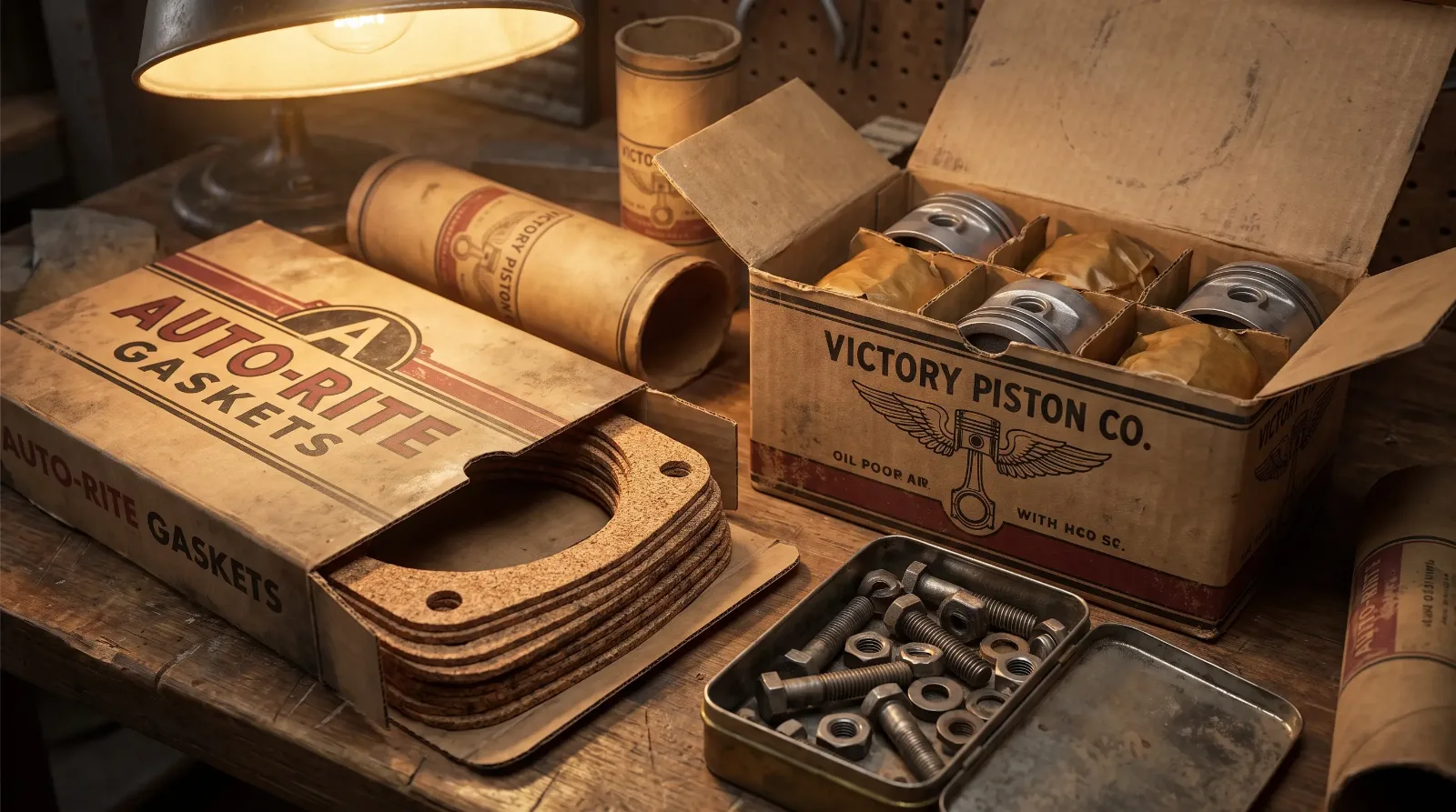 New old stock parts - unused pistons and gaskets in boxes