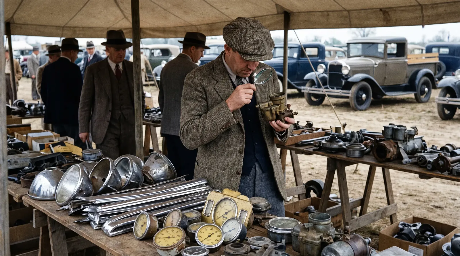 Swap meet table - vintage carburetors and trim parts on display