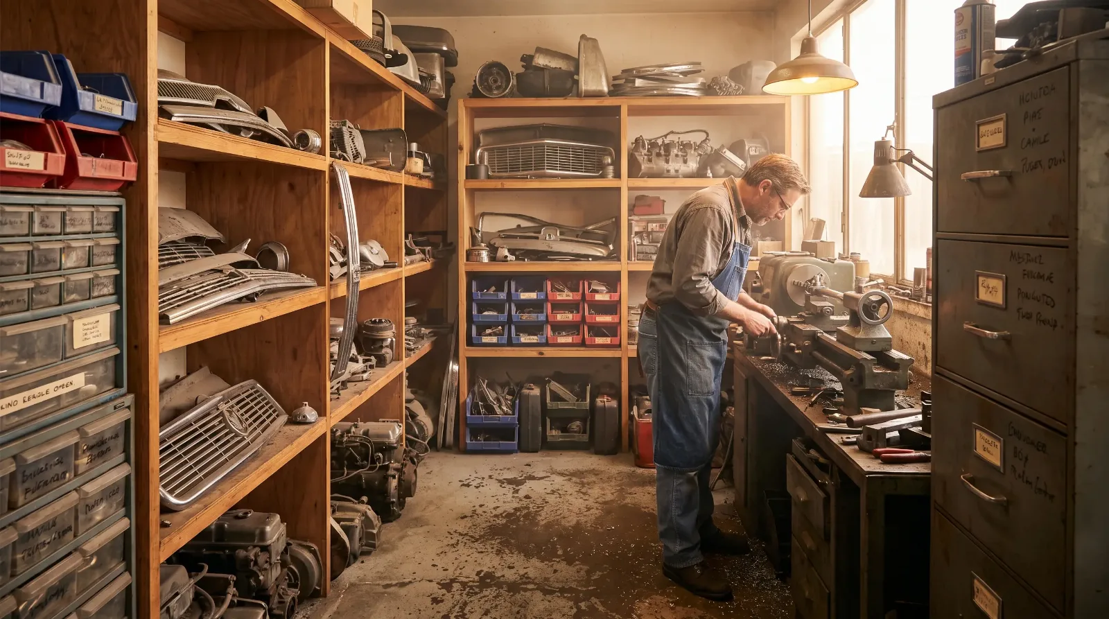 Vintage parts shelves in a classic car restoration workshop