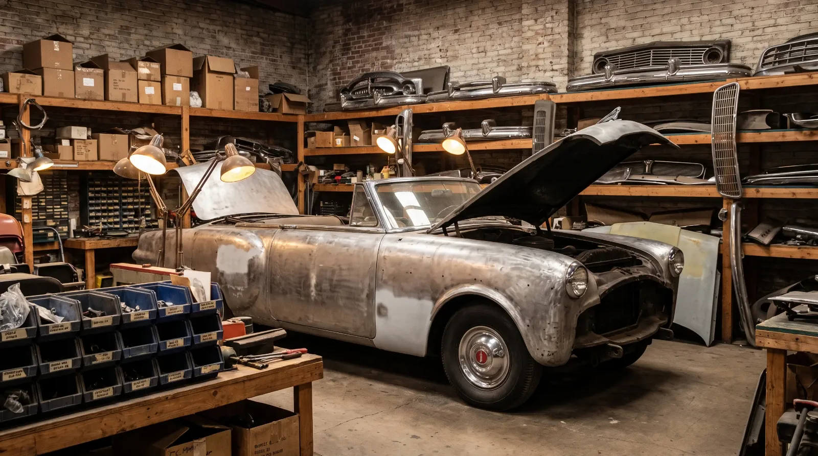 1953 Packard Caribbean under restoration in a specialist workshop with shelves of vintage trim and chrome parts