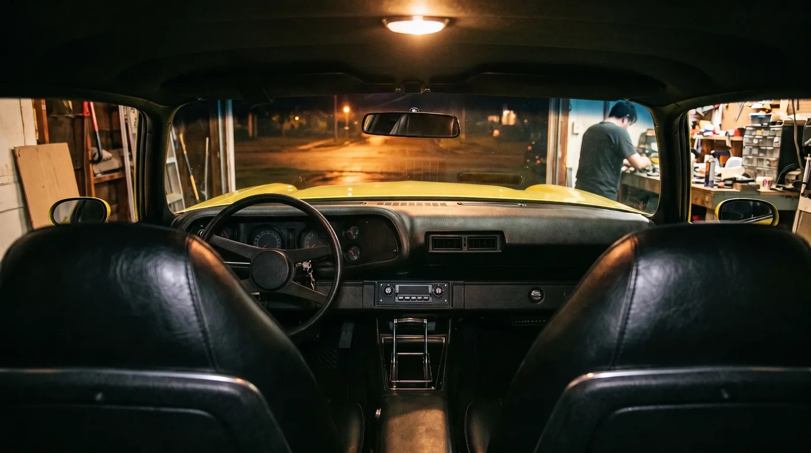 1971 Chevrolet Camaro Rally Sport, cabin view in a night garage