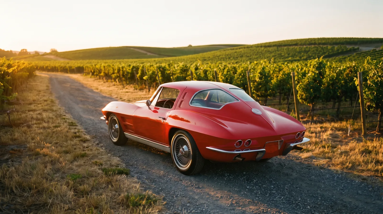 1963 Chevrolet Corvette Sting Ray split-window coupe, on a vineyard lane