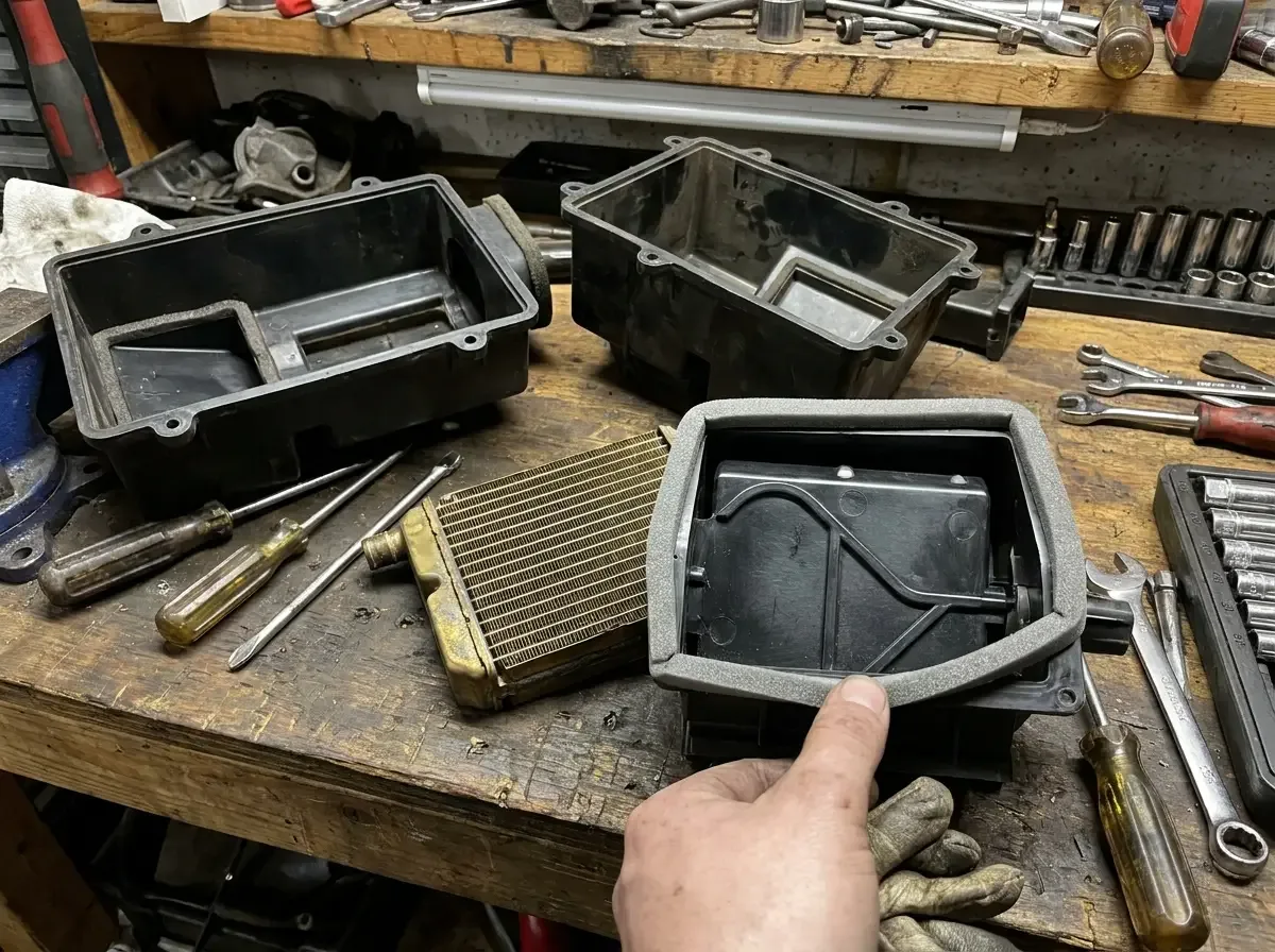Square body C10 heater box -- disassembled core and blend door on bench