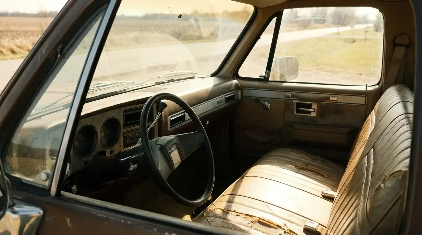 1980s Chevrolet C10 interior -- cracked bench seat and wide glass