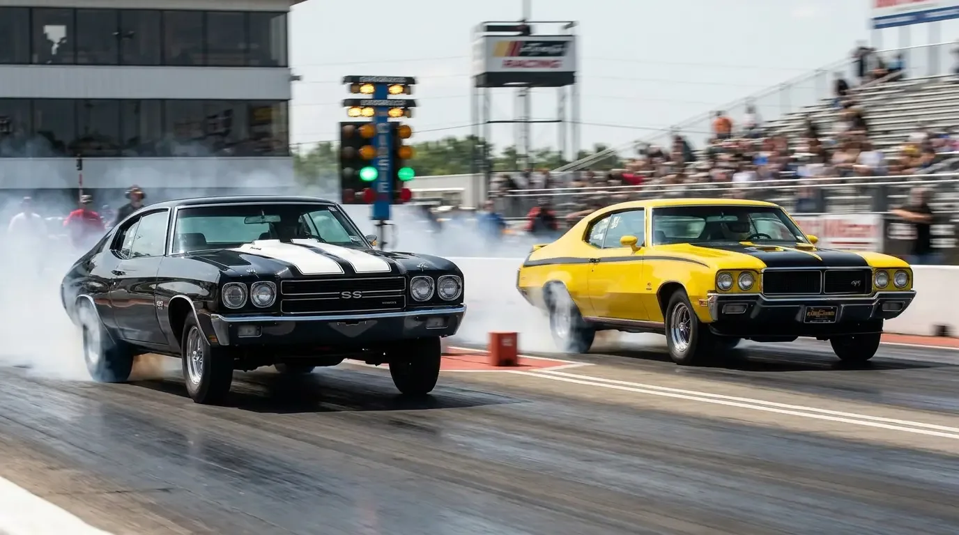 1970 Chevelle SS454 and Buick GSX Stage 1 launching off the line at a drag strip