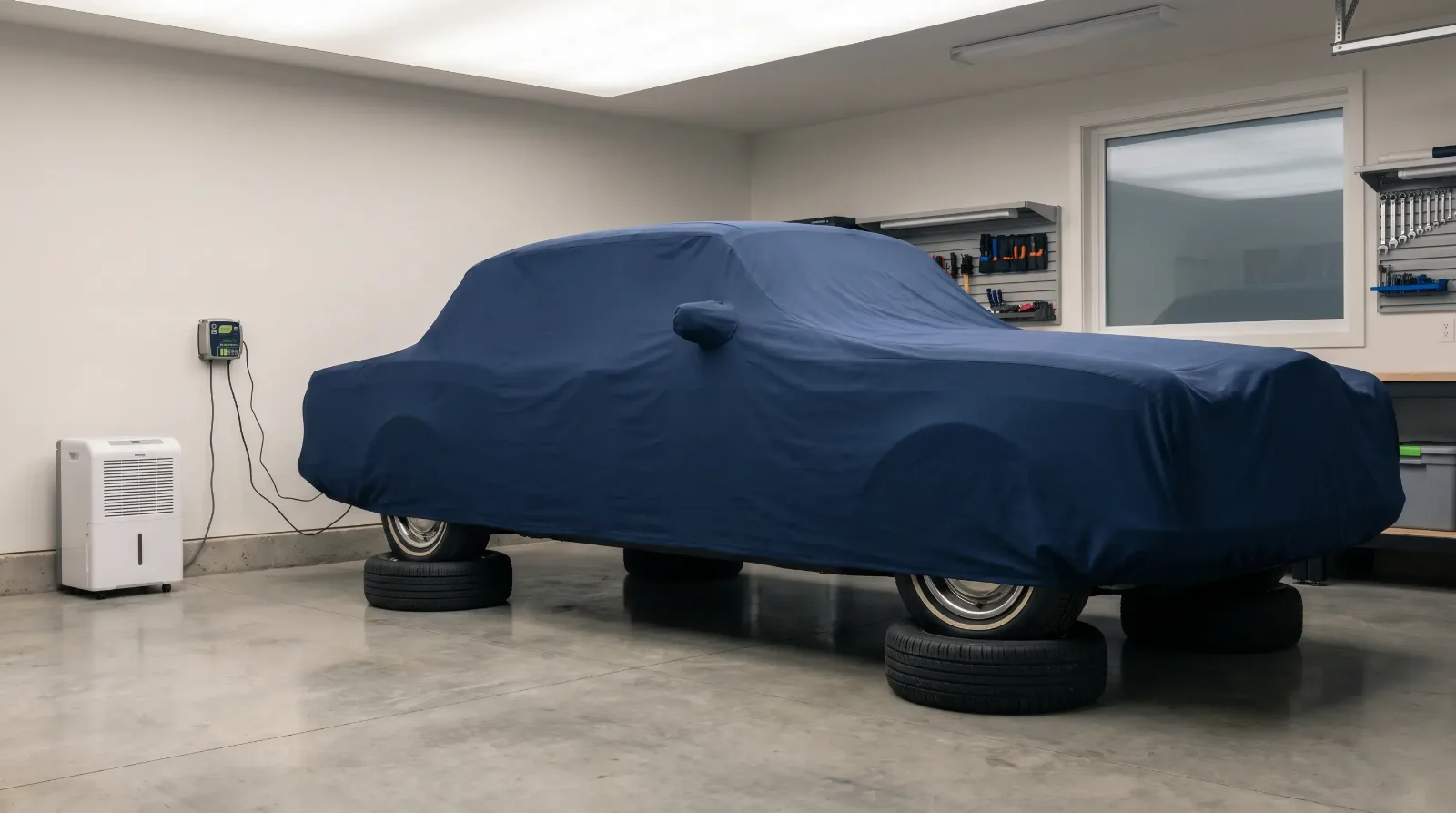 Classic luxury car stored under a cover in a climate-controlled garage