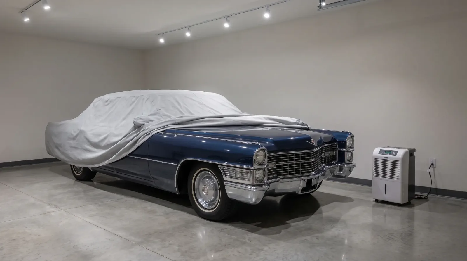 Classic 1960s Cadillac under a breathable cover in a climate-controlled preservation garage
