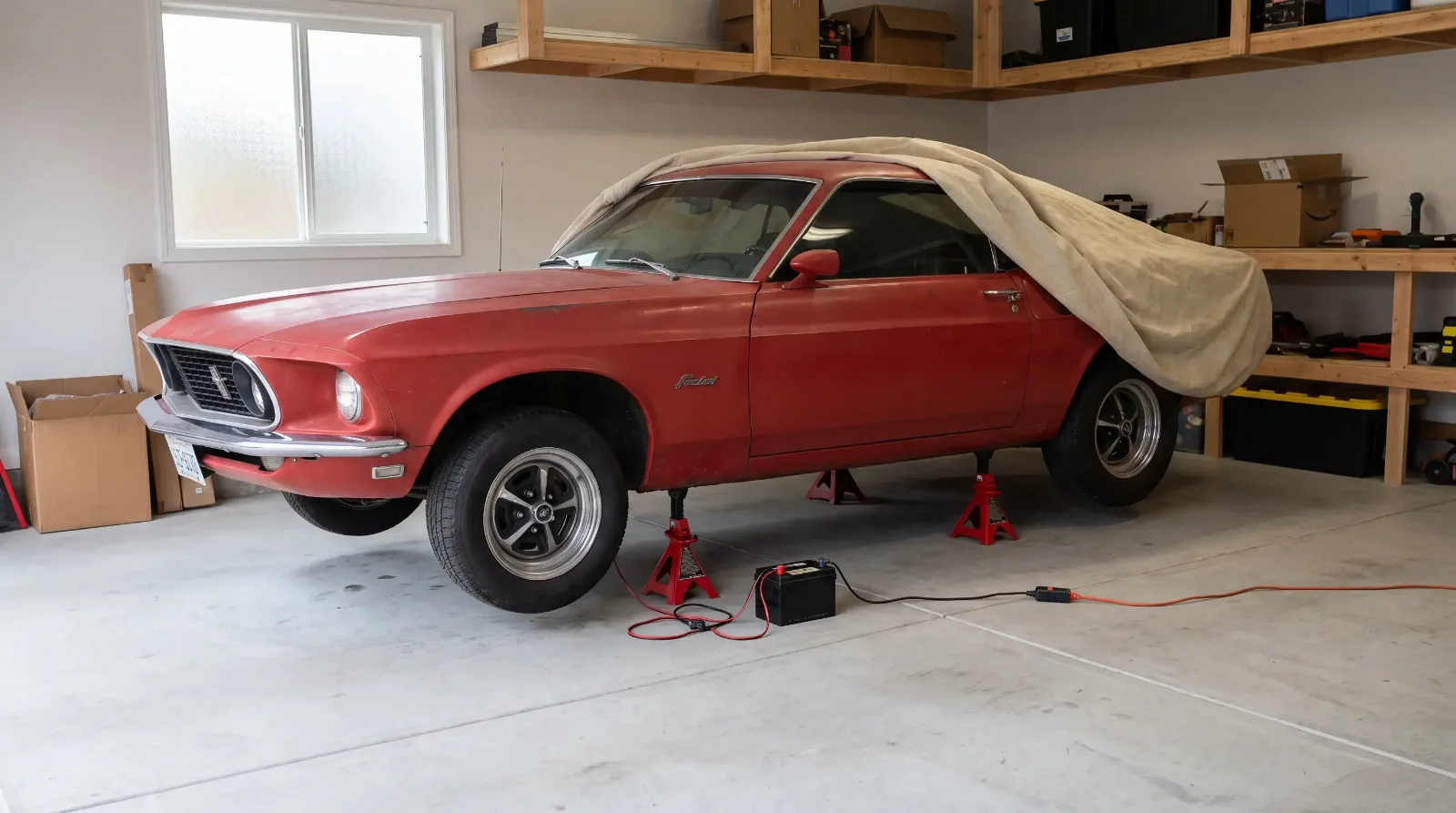 Classic Ford Mustang stored under a breathable cover in a dry garage
