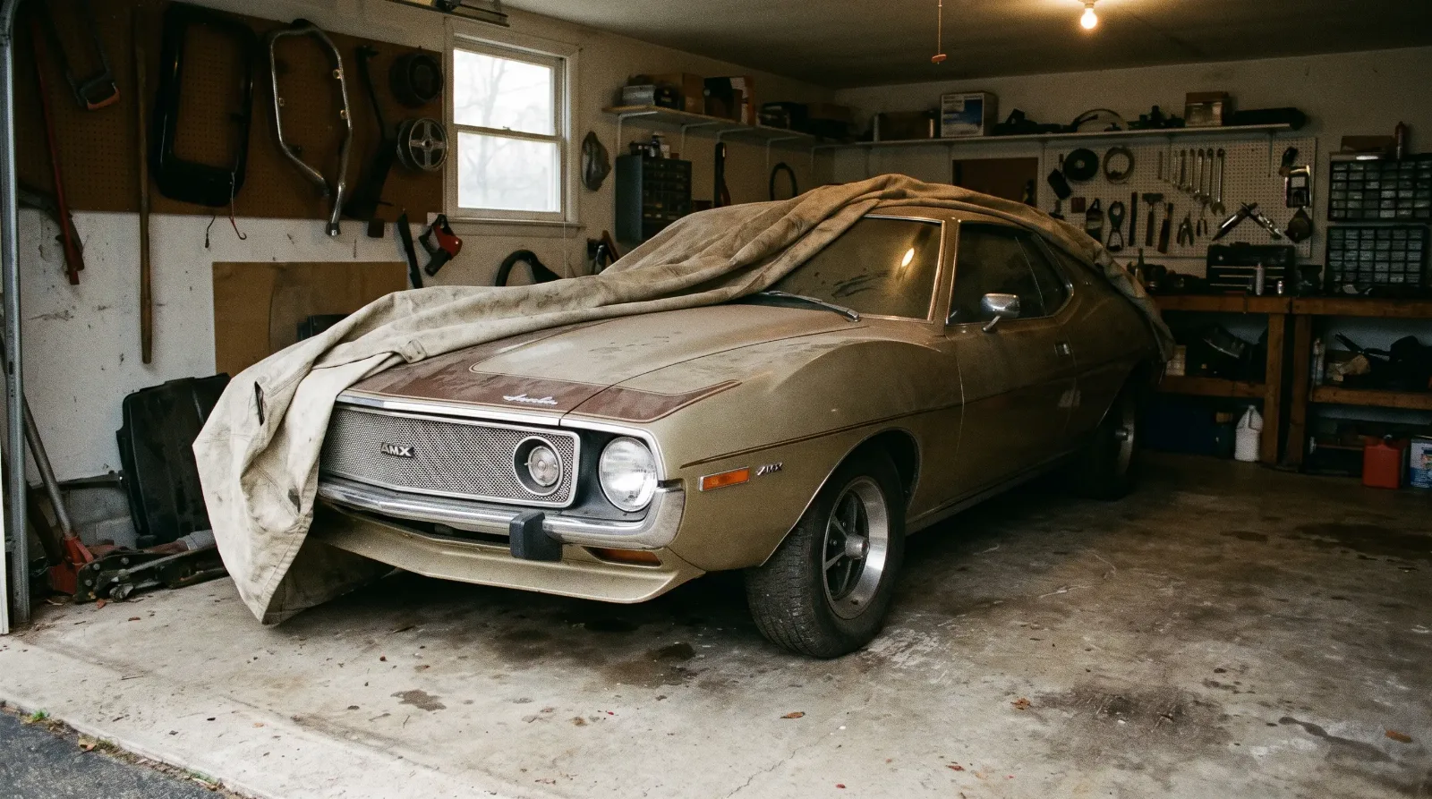 A 1971 AMC Javelin AMX in long-term garage storage with a partial car cover pulled back.