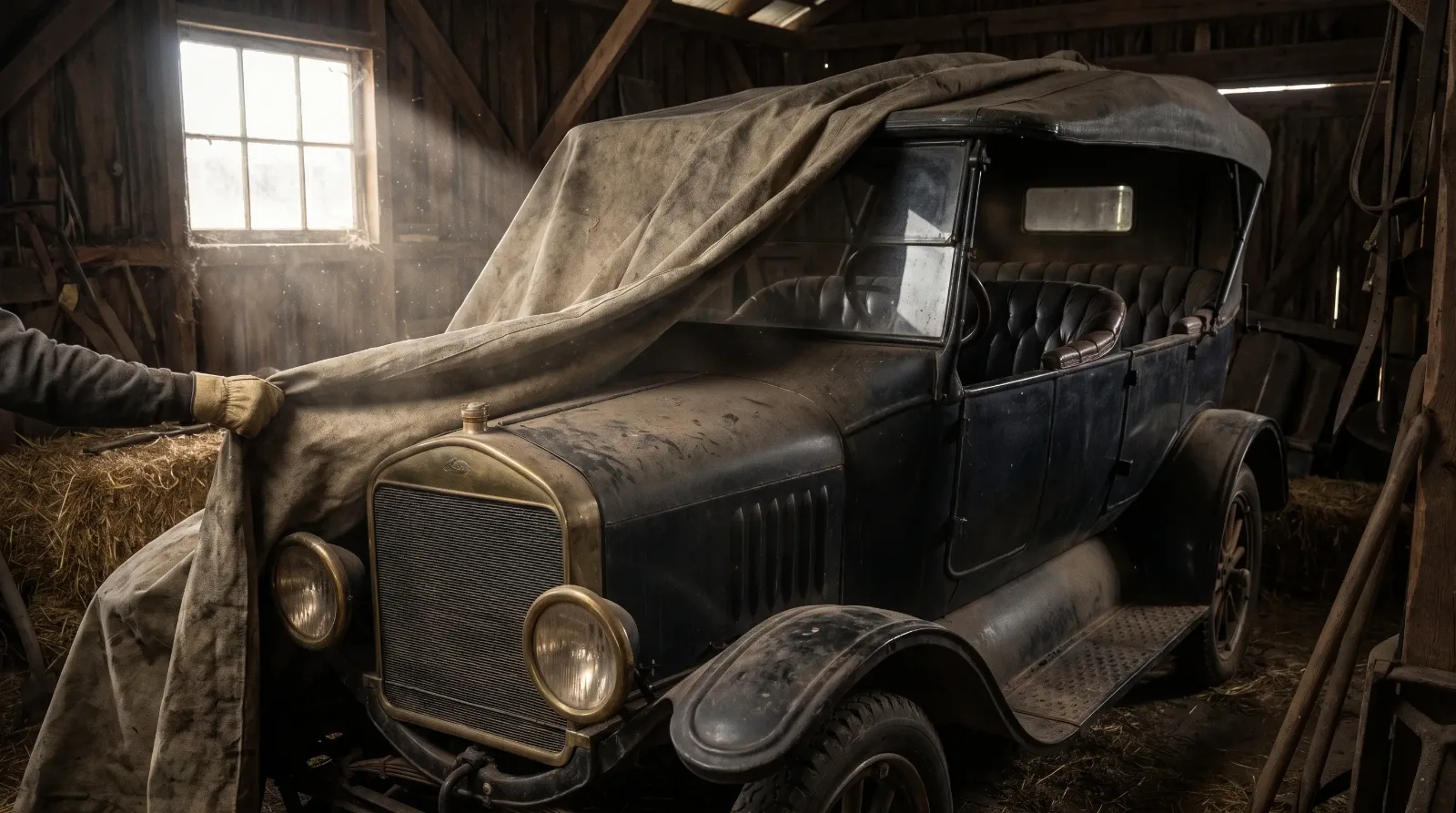 Barn find - tarp pulled back from pre-war touring car