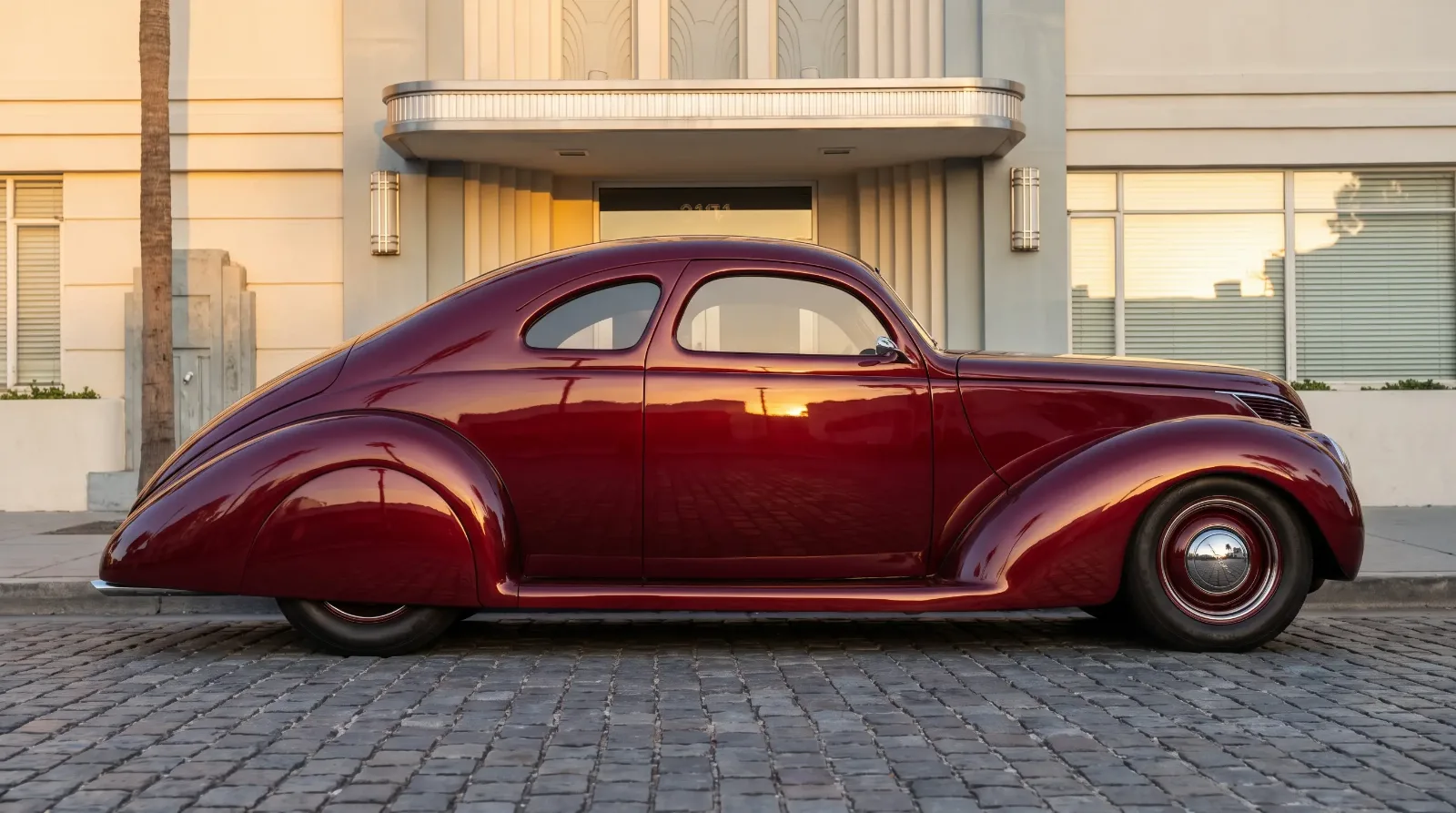 Streamline moderne car with skirted fenders in low sun