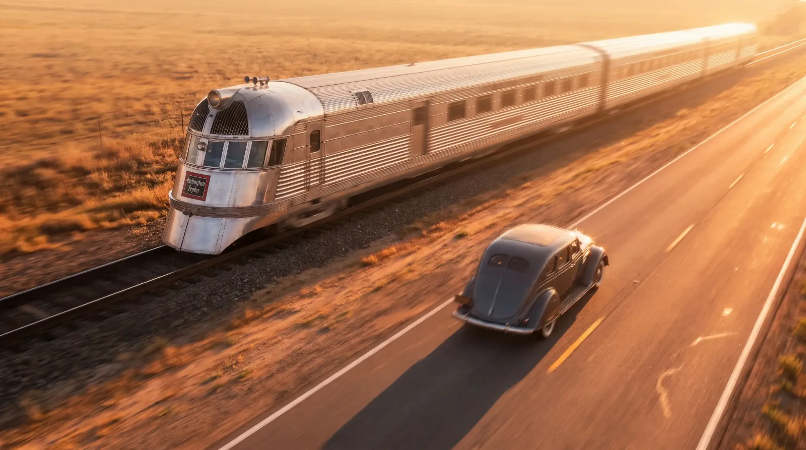 Streamlined 1930s train and car racing side by side