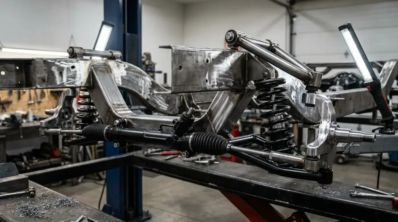 Mustang II style independent front suspension crossmember with coil springs and rack-and-pinion bolted under a street rod frame in a fabrication shop