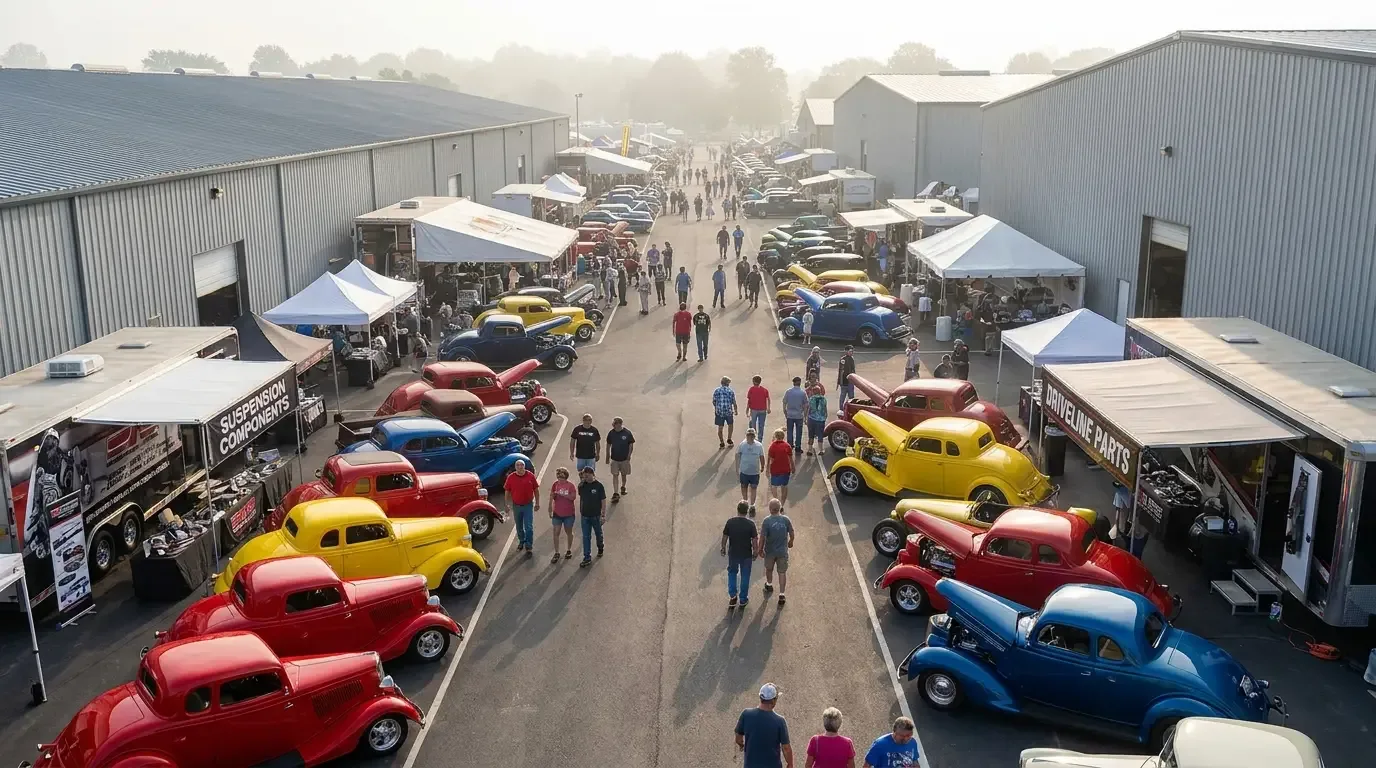 Crowds walking the paved vendor midway between exhibition buildings at the NSRA Street Rod Nationals in Louisville, rows of pre-1949 street rods and parts booths lining the lanes