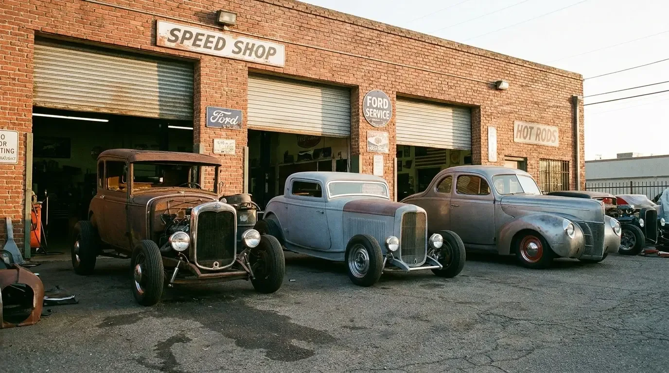 A Ford Model A, a 1932 Deuce coupe, and a fat-fender 1940s Ford coupe lined up outside a hot rod shop